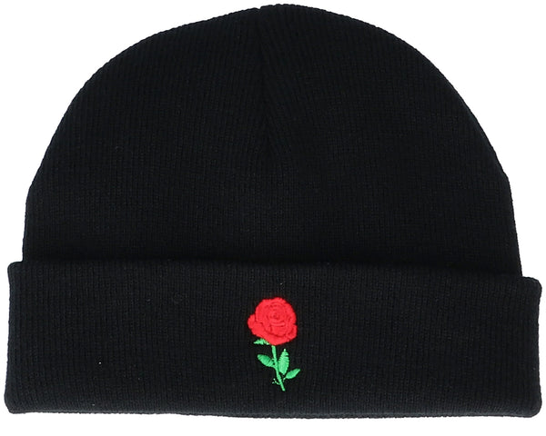 Tiny Red Rose Black Short Beanie